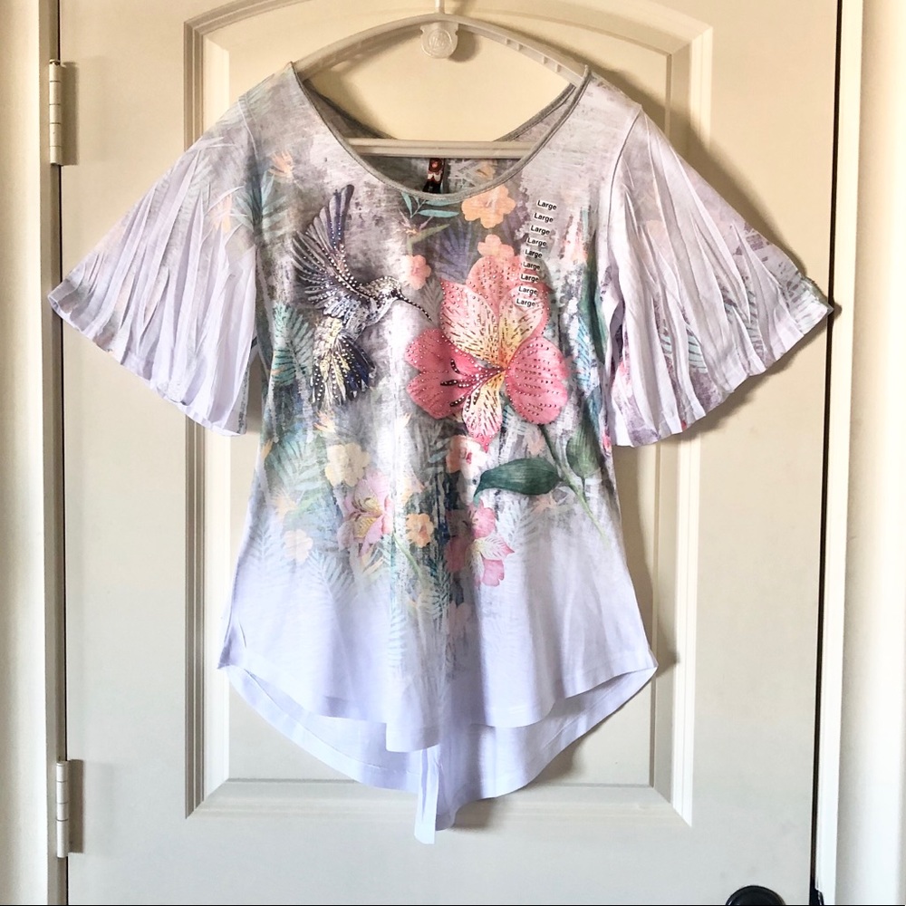 Big Bang Hummingbird Floral Blouse Fluted Bell Sleeve L